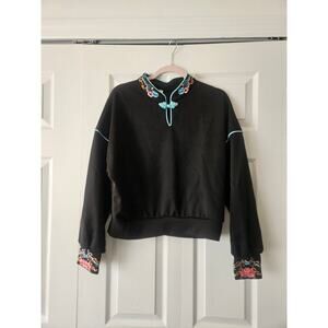 Black New Chinese Asian Inspired Frog Button Embroidered Sweatshirt, Women's M